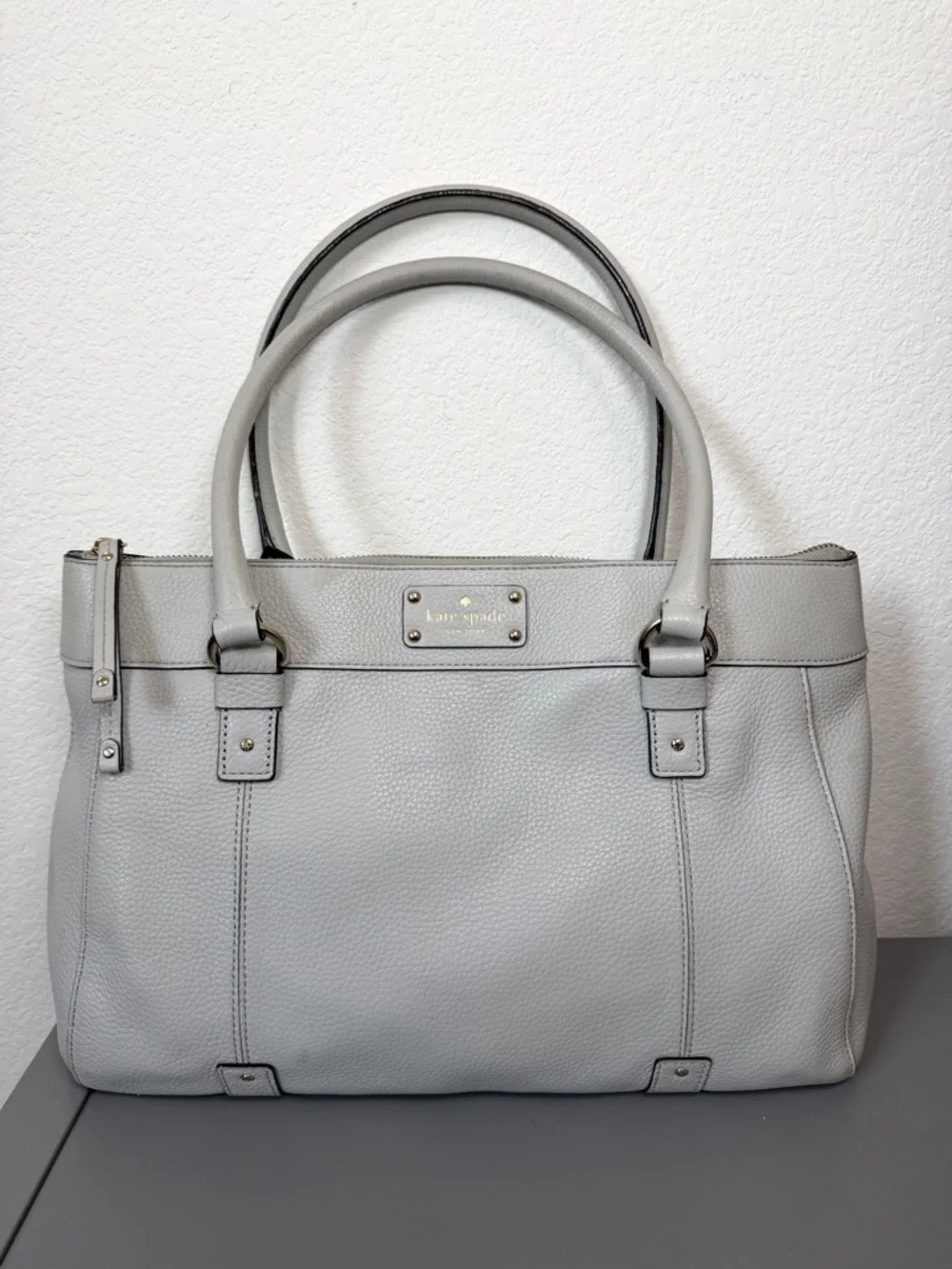 Kate Spade Teegan Berkshire Road Dove Gray Pebbled Leather Satchel Tote.